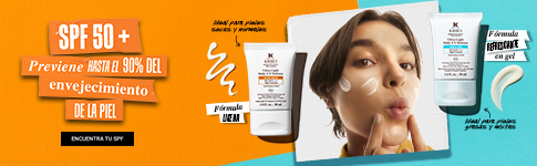 SPF 50+ previene hasta el 90% del envejecimiento de la piel. Muestra protectores solares Ultra Light Daily UV Defense (ligera, piel seca) y Aqua Gel (refrescante, piel grasa). Una mujer aplica producto.